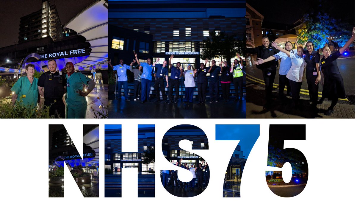 Chase Farm Hospital, Barnet Hospital and Royal Free Hospital proudly shine a blue light through the darkness to commemorate #NHS75 and to highlight the round the clock care we give to patients, delivered by our incredible staff. 🔵 Thank you 💙 #LightUpBlue #RFLFamily