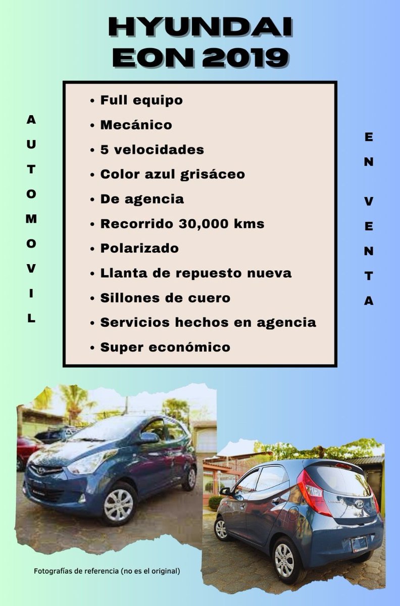 GabyMorales__'s tweet photo. Hyundai Eon 2019 a la venta amigos, si me ayudan con un RT se los agradeceria mucho
Para más info DM ✅️
#ElChito💙 https://t.co/w83oBxZyky