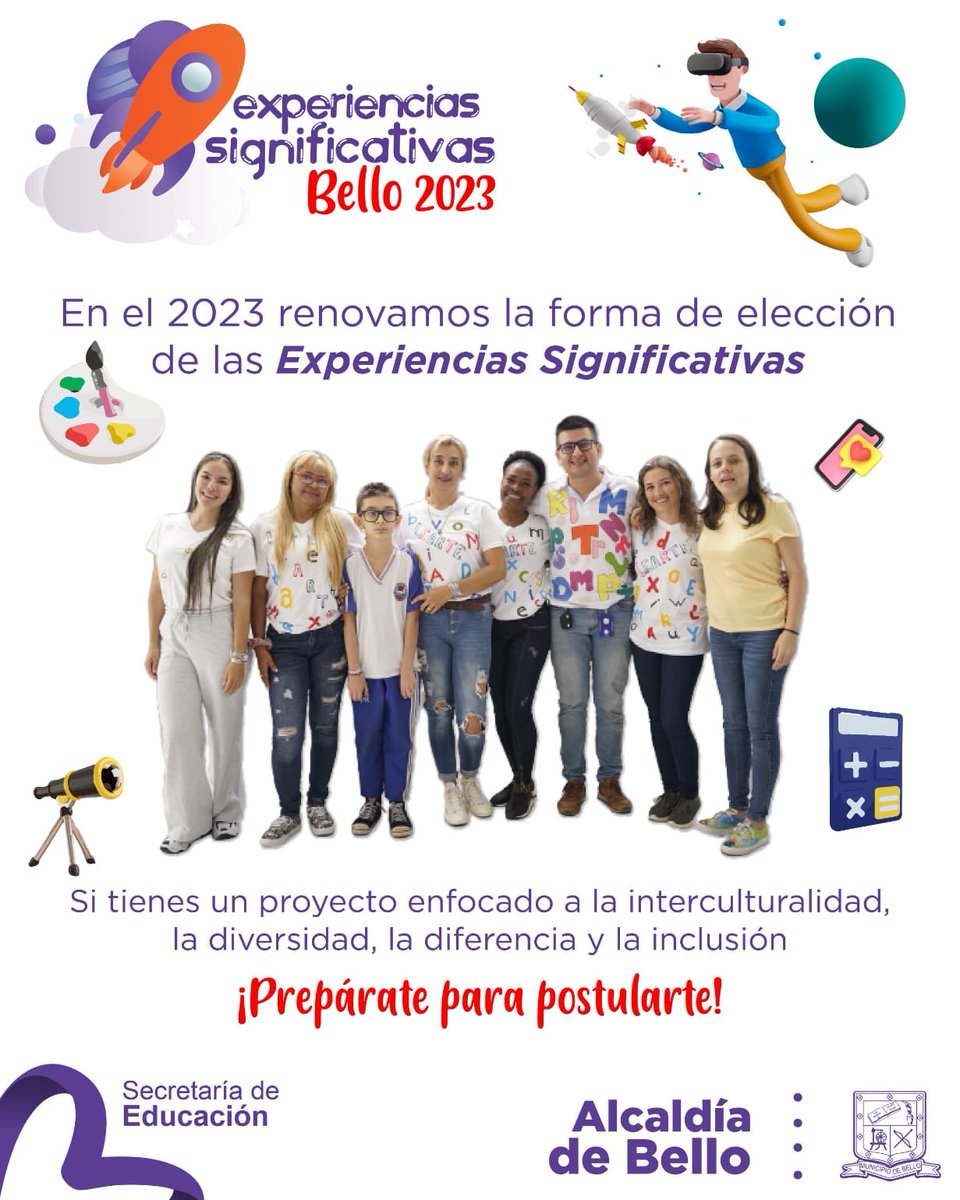 BelloEduca's tweet photo. 👨‍🏫👩‍🎨👩🏽‍🏫
Docentes oficiales bellanitas

¡Esta es tu oportunidad!

🚀 Si tienes un proyecto enfocado en interculturalidad, diversidad, diferencia o inclusión, prepárate para participar en las Experiencias Significativas Bello 2023.

🎨🎭🔭💻

#BelloEduca
#PorElBelloQueQueremos 🧡 https://t.co/VrMLS5QVPL