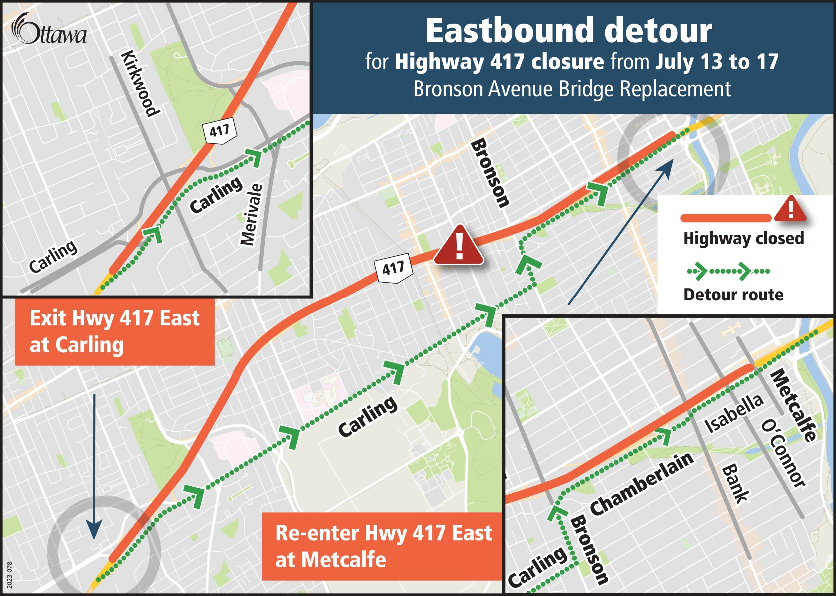 A map providing visual of the Eastbound detour for Highway 417 closure from July 13 to 17 for the Bronson Avenue Bridge Replacement. Visit the link in the post for full details.