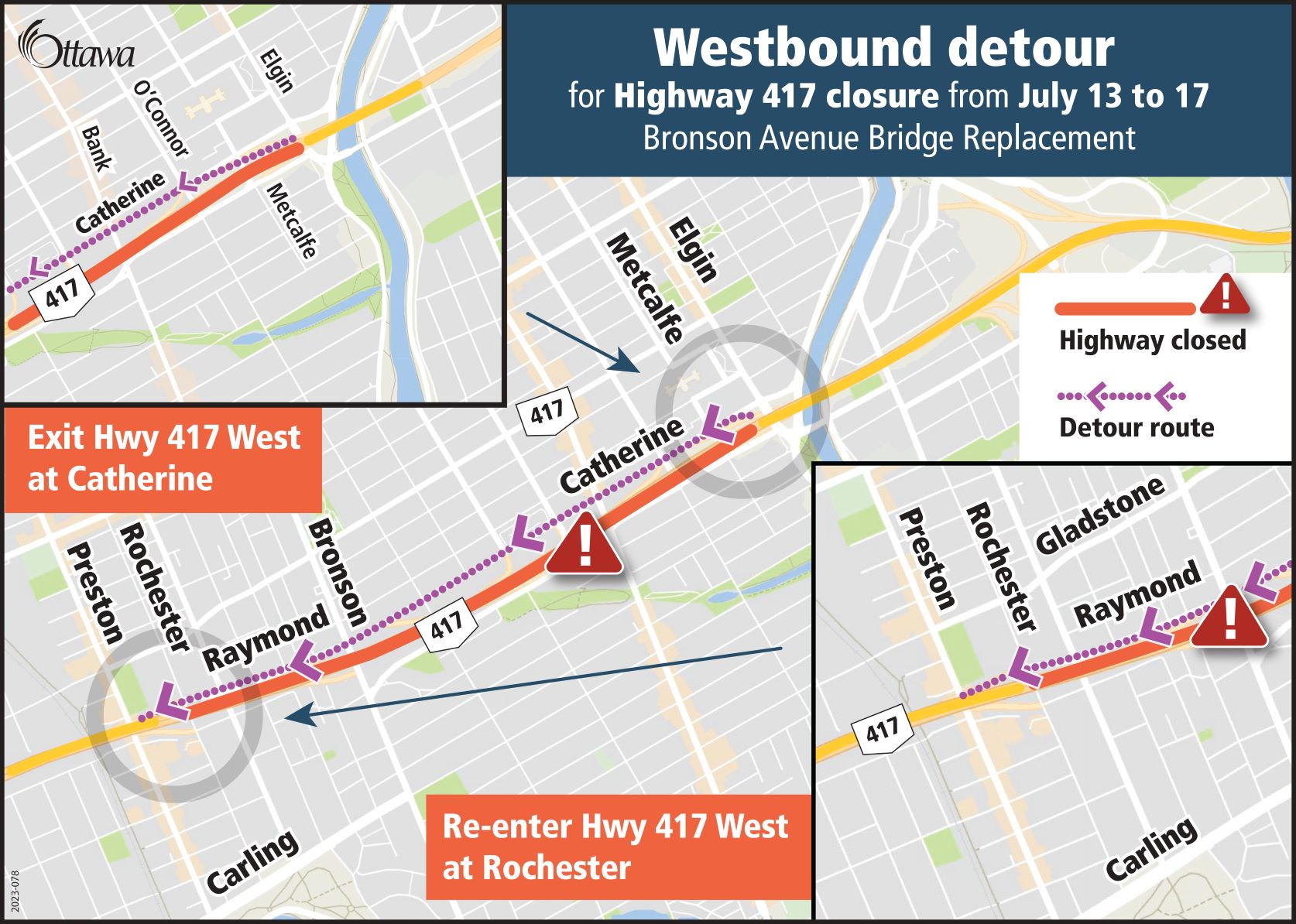 A map providing visual of the Westbound detour for Highway 417 closure from July 13 to 17 for the Bronson Avenue Bridge Replacement. Visit the link in the post for full details.