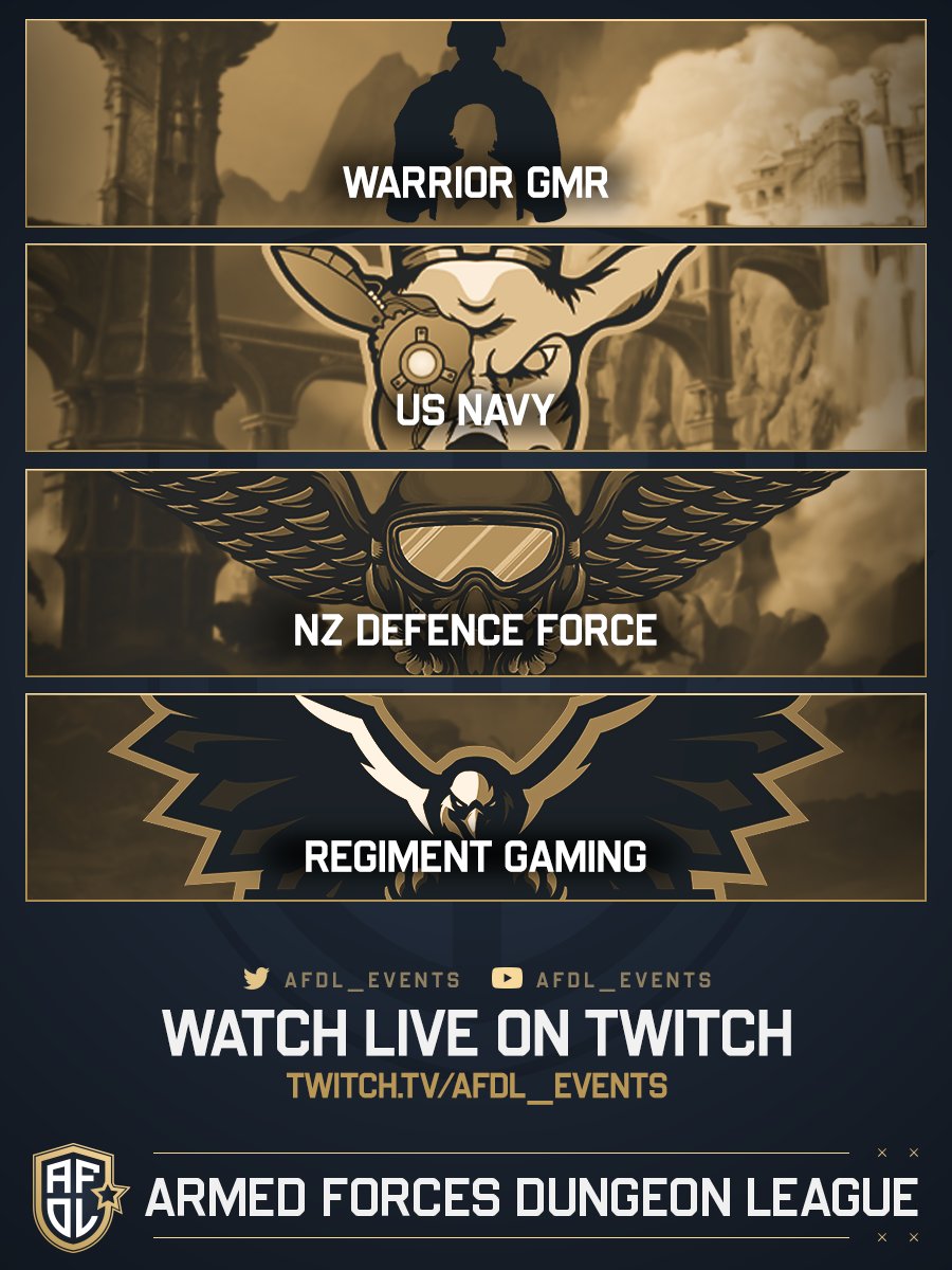 Battle lines have been drawn! ⚔️

Meet the contenders of the AFDL SUMMER CLASH: <a href="/WarriorGmr/">Warrior GMR Foundation</a>, <a href="/NAVYESPORTSORG/">Goats and Glory Official</a>, <a href="/NZDefenceForce/">NZ Defence Force</a>, and <a href="/RegimentGG/">REGIMENT 🇺🇸 @ DreamHack Atlanta</a>. It's time to rally your support and cheer for your favorite team! #AFDL #WoWTeamShowdown