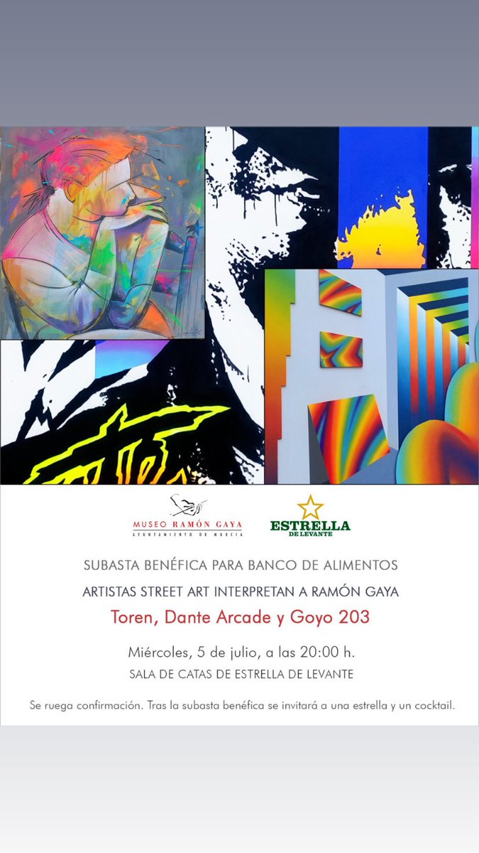 Excepcional ratico hoy con <a href="/museoramongaya/">Museo Ramón Gaya</a> en la subasta benéfica en favor del <a href="/ABASEGURA/">@ABASEGURA</a> con una recaudación de más de 2.000€ por las obras de Arte Urbano interpretando obras de Gaya, de Goyo203, Dante Arcade y Toren. #SaladeCatas <a href="/estrellalevante/">Estrella de Levante</a>