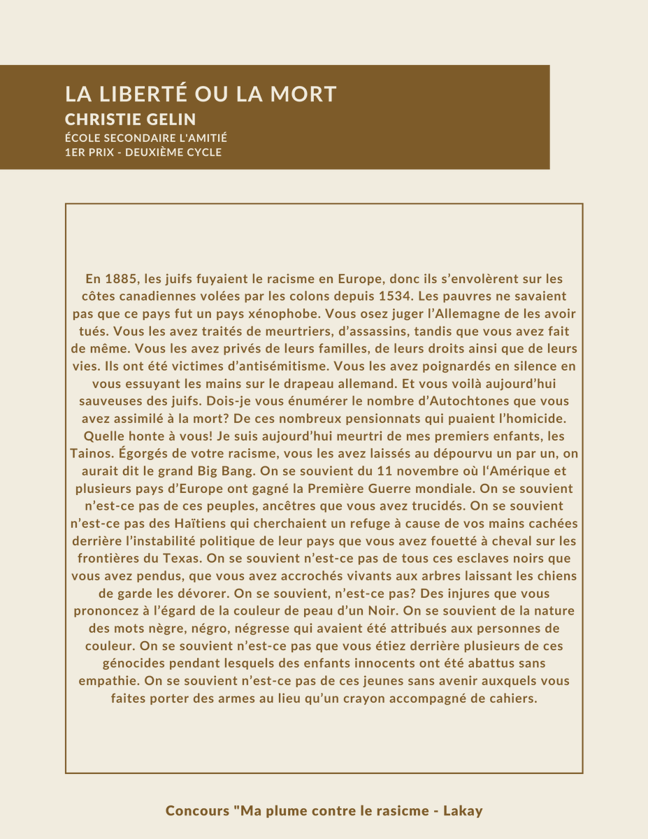 ODP_profilages's tweet photo. 2/2
📣 Texte gagnant du concours "Ma plume contre le racisme" réalisé par Lakay, soutenu par l'ODP!
🖊 La liberté ou la mort
Un texte de Christie Gelin de l'École secondaire L'Amitié
🏆 1er prix - Deuxième cycle
Bonne lecture!
#racisme #profilageracial #écriture https://t.co/8tzUOzRbMg