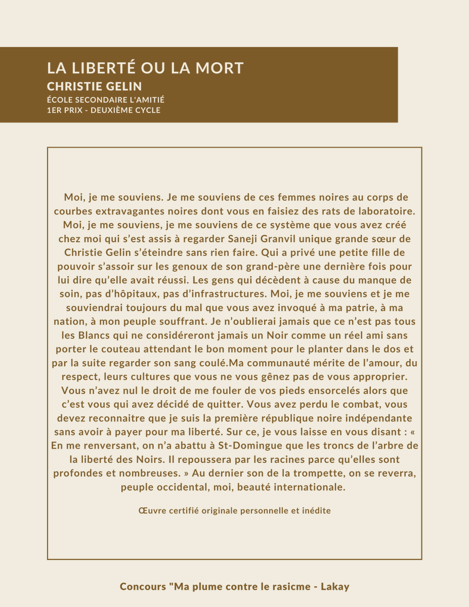 ODP_profilages's tweet photo. 2/2
📣 Texte gagnant du concours "Ma plume contre le racisme" réalisé par Lakay, soutenu par l'ODP!
🖊 La liberté ou la mort
Un texte de Christie Gelin de l'École secondaire L'Amitié
🏆 1er prix - Deuxième cycle
Bonne lecture!
#racisme #profilageracial #écriture https://t.co/8tzUOzRbMg