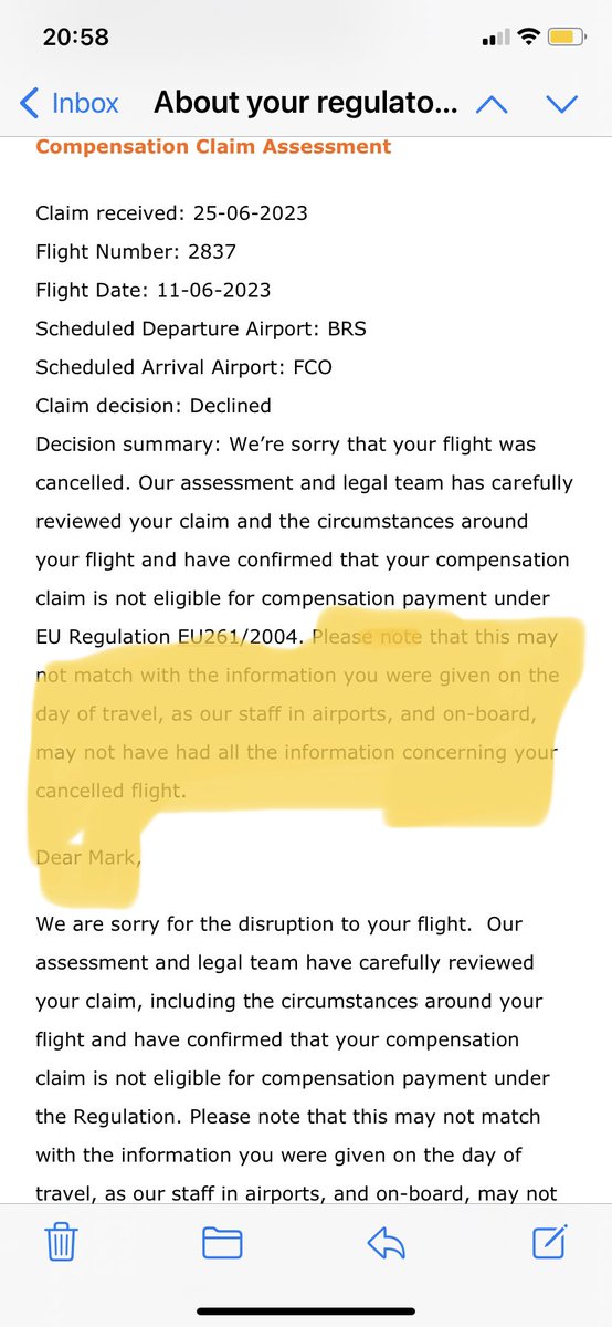 1. Hugely disappointed with <a href="/easyJet/">easyJet</a> treatment after having two flights cancelled - to and from Rome a couple of weeks ago. Interesting wording in their declining of compensation email, especially as we were given completely different information at the airport.