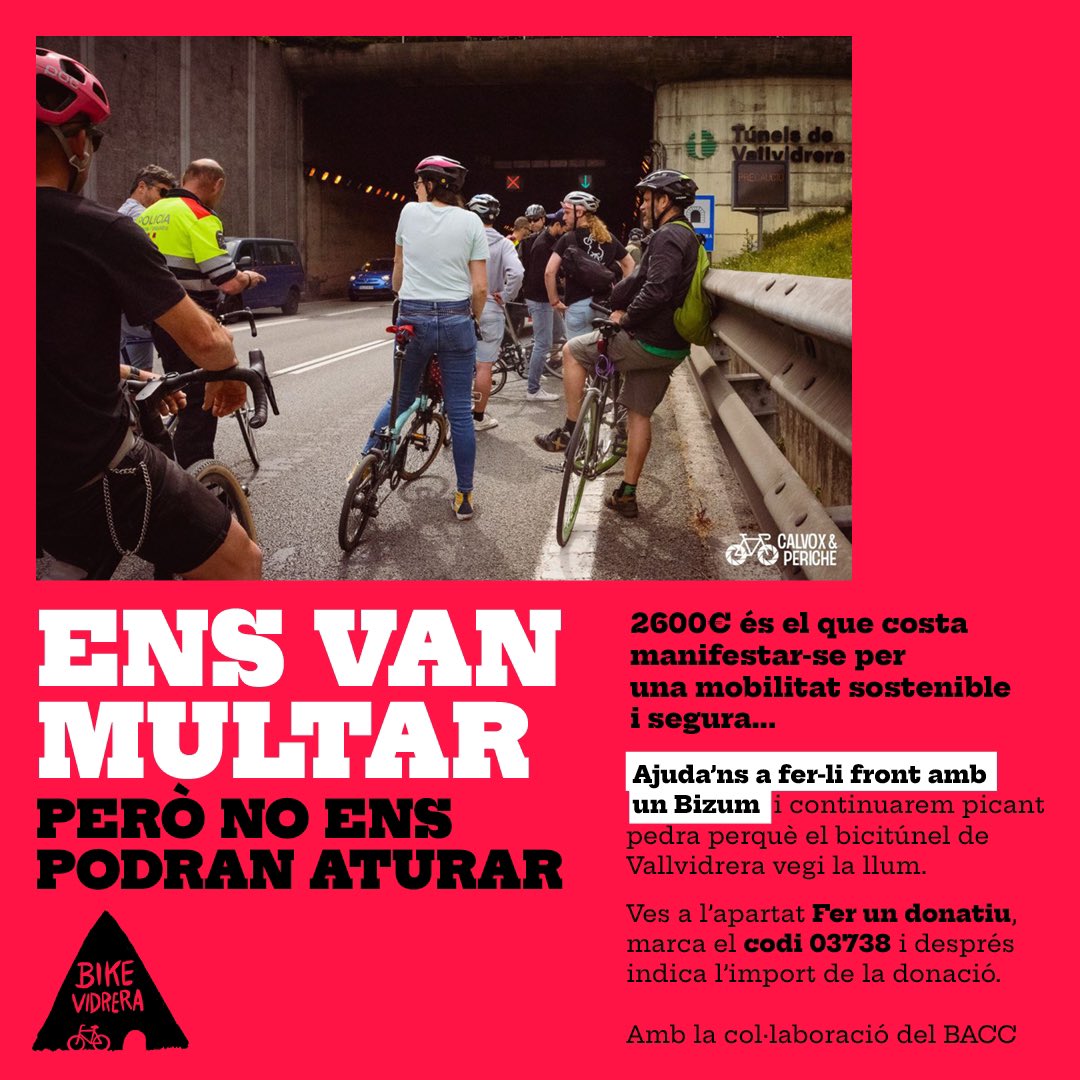 bikevidrera's tweet photo. @cugatmedia #Ensvanmultar … però #NoEnsPodranAturar #bicitúnelja! BIZUM de qualsevol import serà al molt benvingut al codi 03738 per aquesta i altres possibles contingències fins que l’administració doni resposta clara i calenta a la proposta. https://t.co/su1pqQtn3M