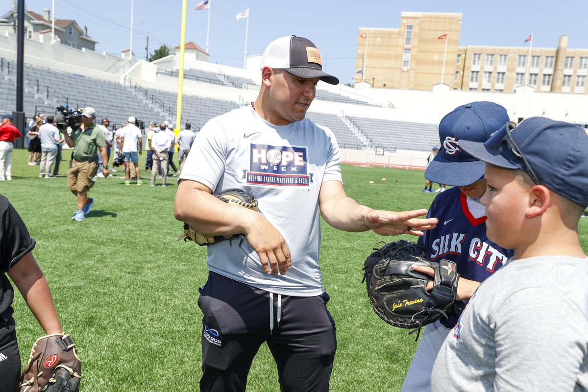Yankees's tweet photo. For Day 3 of #HOPEweek, players and coaches visited Hinchliffe Stadium in Paterson, NJ, to host a clinic for local youth. For over 65 years, @HinchliffeStad had served as a home for high school & professional sports - most importantly, Negro League Baseball. 

Hinchliffe closed in 1997, but received landmark status in 2013. A $100 million renovation included a museum honoring the history of the Negro Leagues and Civil Rights.