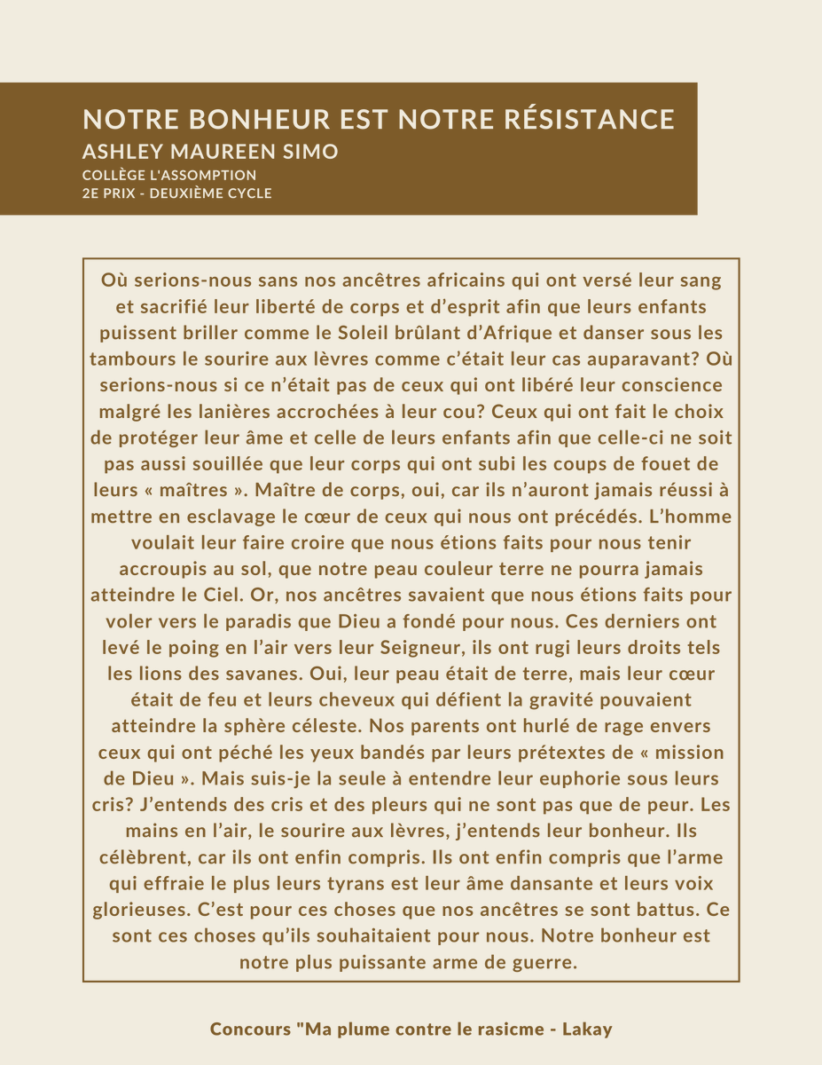 ODP_profilages's tweet photo. 📣 Texte gagnant du concours "Ma plume contre le racisme" réalisé par Lakay, soutenu par l'ODP!
🖊 Notre bonheur est notre résistance
Un texte de Ashley Maureen Simo du Collège l'Assomption
🏆 2e prix - Deuxième cycle
Bonne lecture!
#racisme #profilageracial #écriture https://t.co/VBZnk8Zdjx