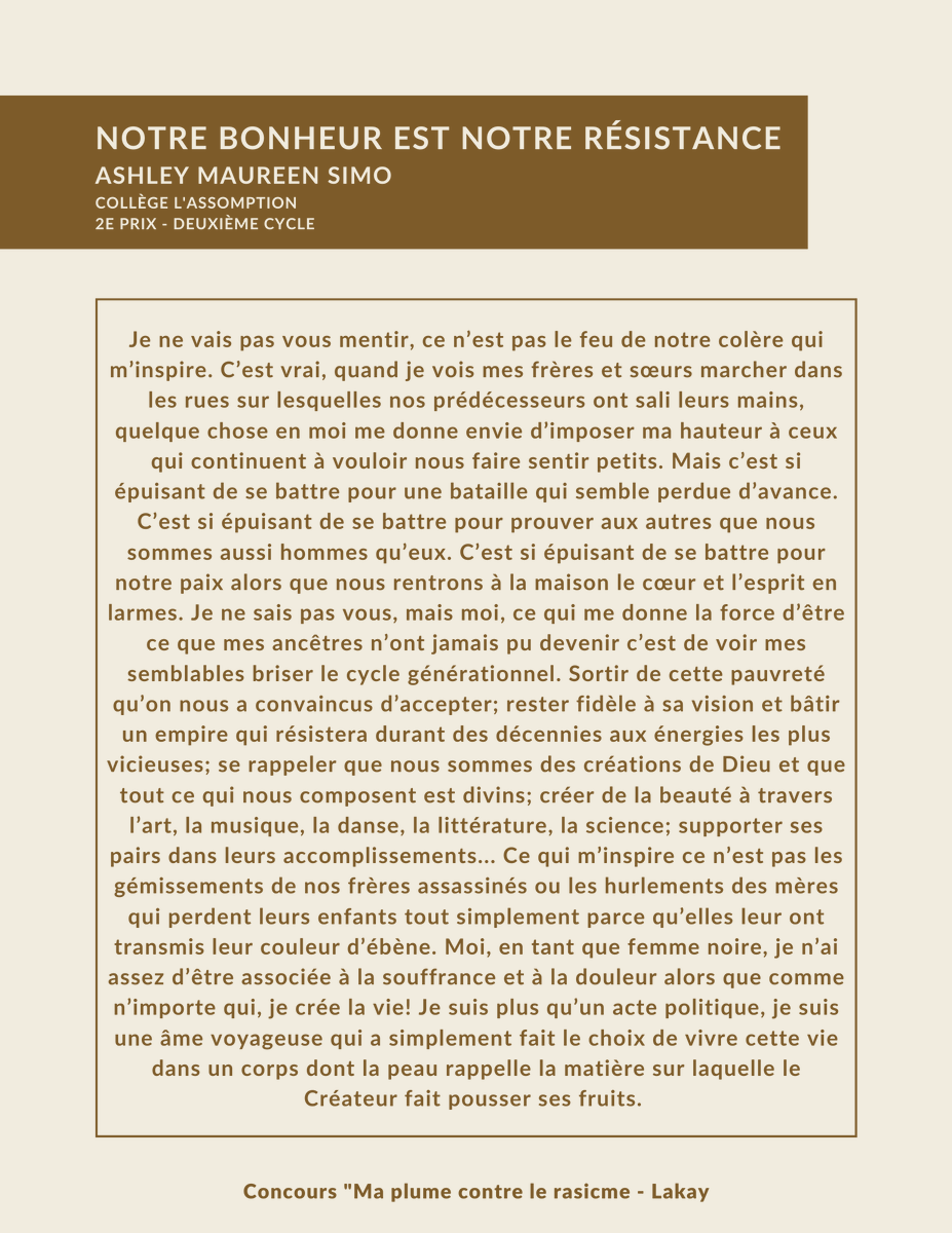 ODP_profilages's tweet photo. 📣 Texte gagnant du concours "Ma plume contre le racisme" réalisé par Lakay, soutenu par l'ODP!
🖊 Notre bonheur est notre résistance
Un texte de Ashley Maureen Simo du Collège l'Assomption
🏆 2e prix - Deuxième cycle
Bonne lecture!
#racisme #profilageracial #écriture https://t.co/VBZnk8Zdjx