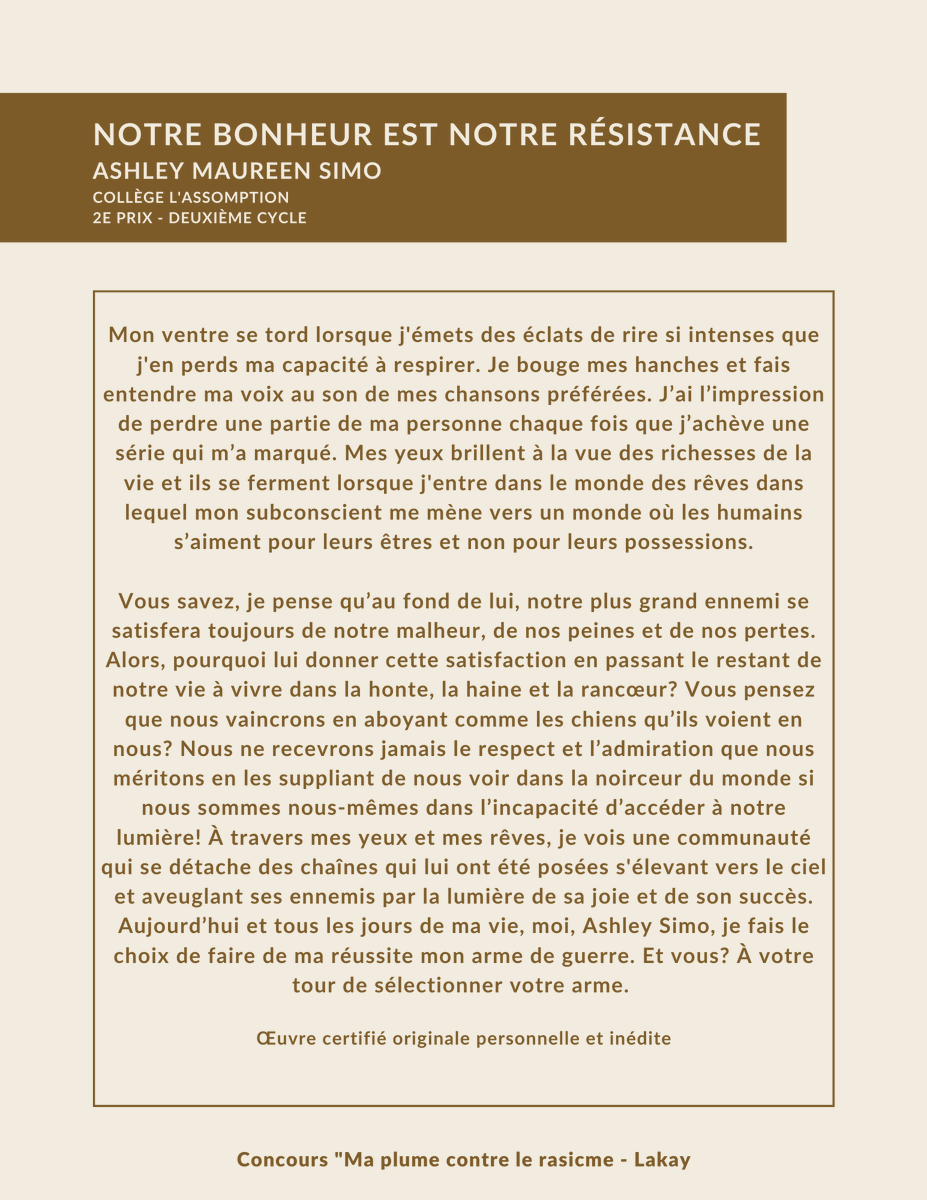 ODP_profilages's tweet photo. 📣 Texte gagnant du concours "Ma plume contre le racisme" réalisé par Lakay, soutenu par l'ODP!
🖊 Notre bonheur est notre résistance
Un texte de Ashley Maureen Simo du Collège l'Assomption
🏆 2e prix - Deuxième cycle
Bonne lecture!
#racisme #profilageracial #écriture https://t.co/VBZnk8Zdjx
