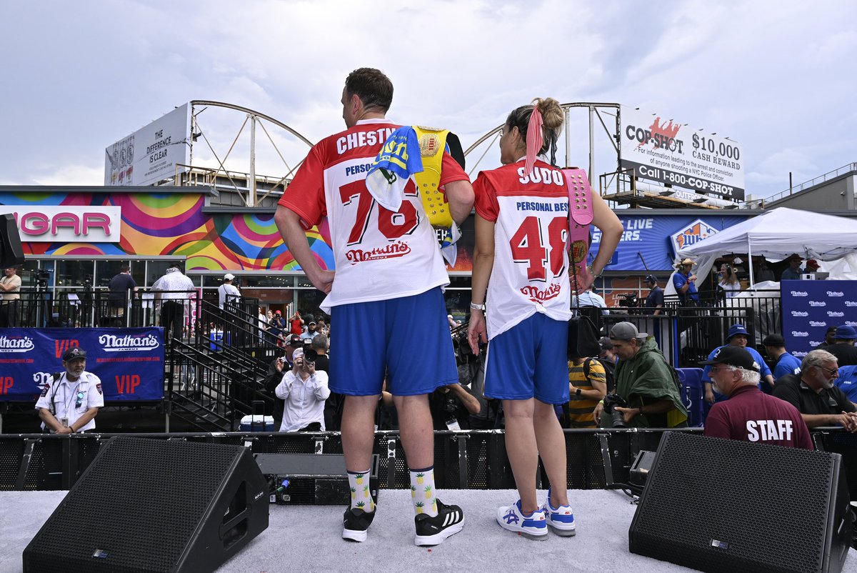 The champions. #JoeyChestnut #mikisudo #FourthofJuly2023 #nathansfamoushotdogeating