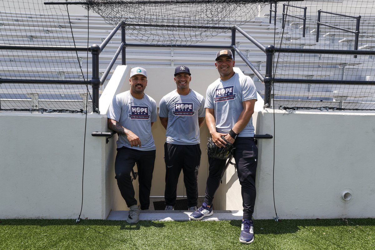 Yankees's tweet photo. For Day 3 of #HOPEweek, players and coaches visited Hinchliffe Stadium in Paterson, NJ, to host a clinic for local youth. For over 65 years, @HinchliffeStad had served as a home for high school & professional sports - most importantly, Negro League Baseball. 

Hinchliffe closed in 1997, but received landmark status in 2013. A $100 million renovation included a museum honoring the history of the Negro Leagues and Civil Rights.