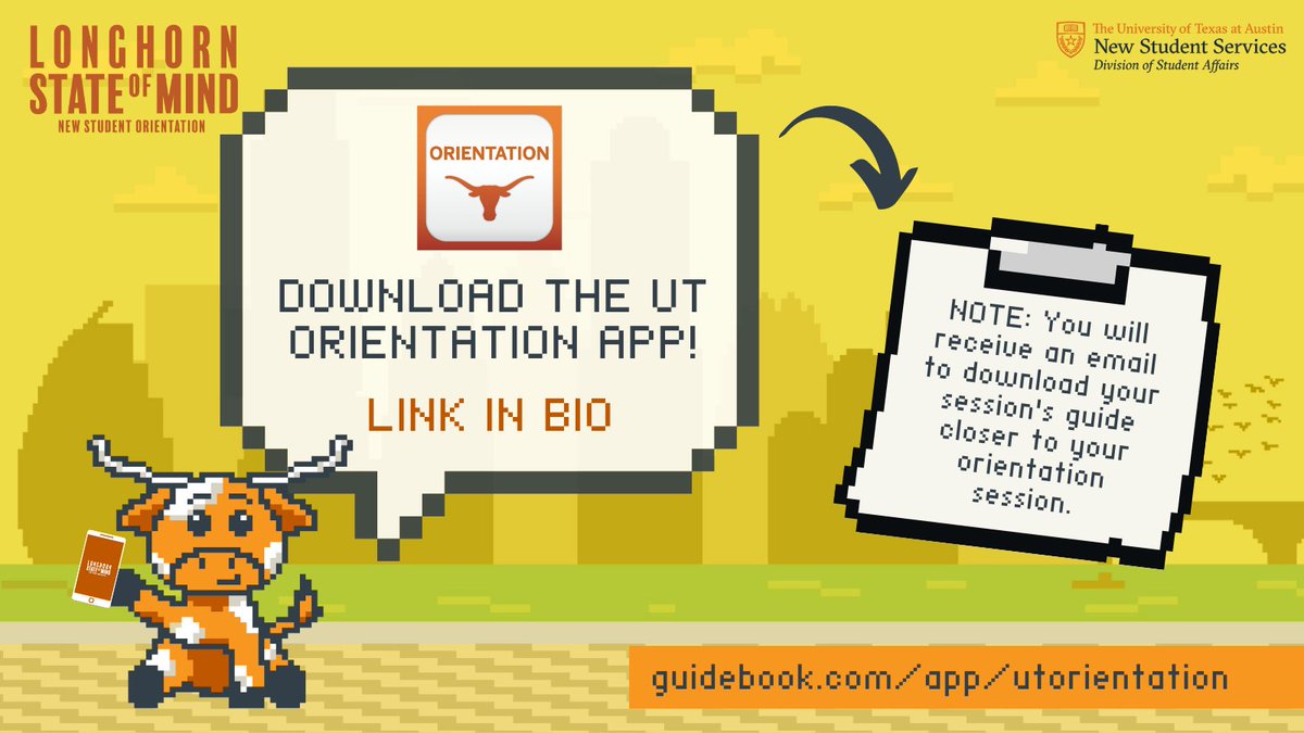 UTorientation's tweet photo. The #UTOrientation app will provide you with schedule information, campus resources, maps, and fun ways to connect with other incoming Longhorns! 🤠🎉  Download link is in our bio! You will receive an email to download your session's guide closer to your orientation session.🤘 https://t.co/Zl506pKEbv