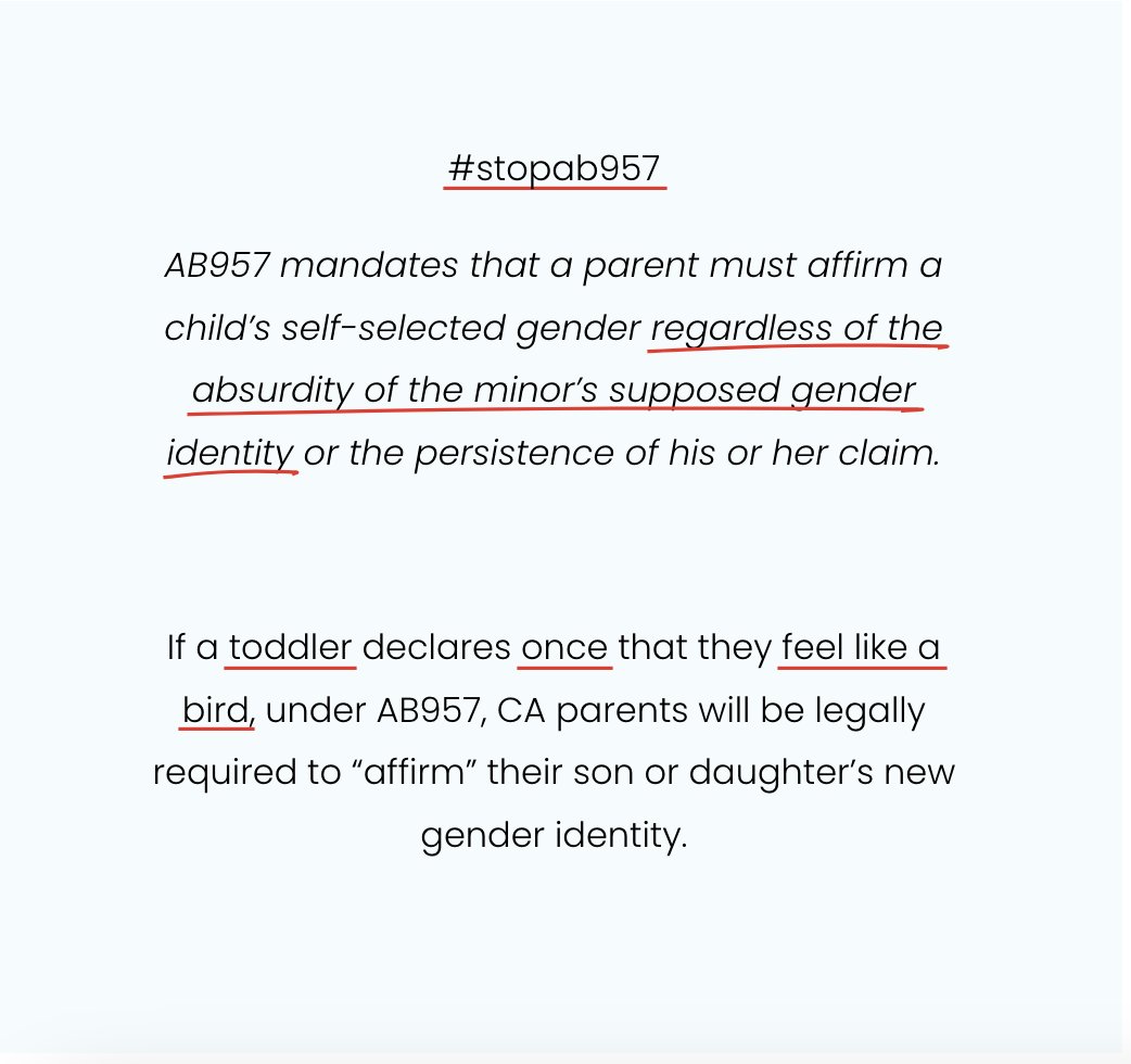 stopAB957's tweet photo. With #ab957, if a TODDLER declares ONCE that they feel like a BIRD then parents MUST "affirm" their son or daughter's new non-biological gender identity. #stopab957 stop #creepyweiner #genderconfusedkids #supportparents #stopcorruption #fightevil https://t.co/5272N4t6kZ