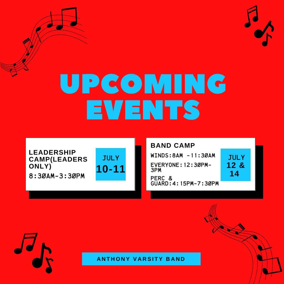 Reminder band members that band camp starts next week!📢 Don’t forget to bring instruments, music, and water. Lunch will be on your own. Be readyy, we are excited to have everyone back!