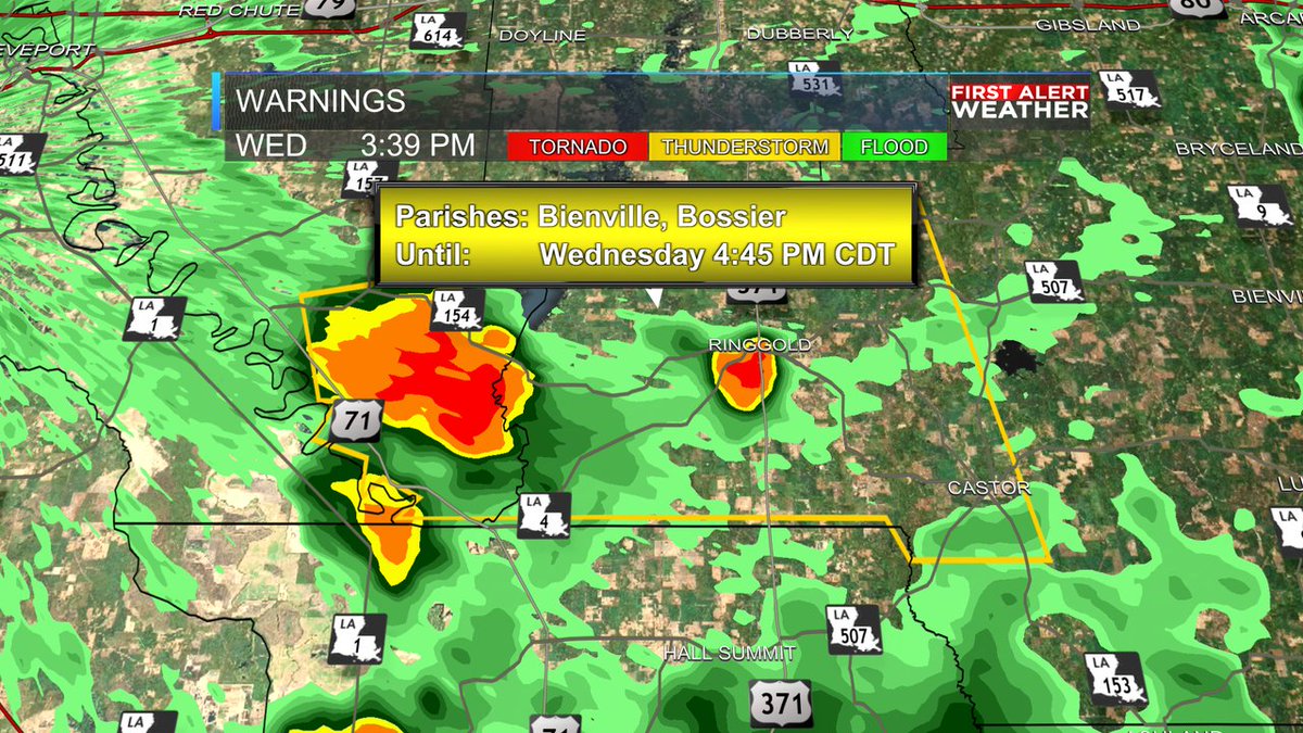 A Severe Thunderstorm Warning has been issued for Bienville, Bossier until Jul 05, 2023 4:45PM. Seek shelter indoors until the storm has passed. Look for weather updates on-air, at KSLA.com or on the KSLA Weather app!