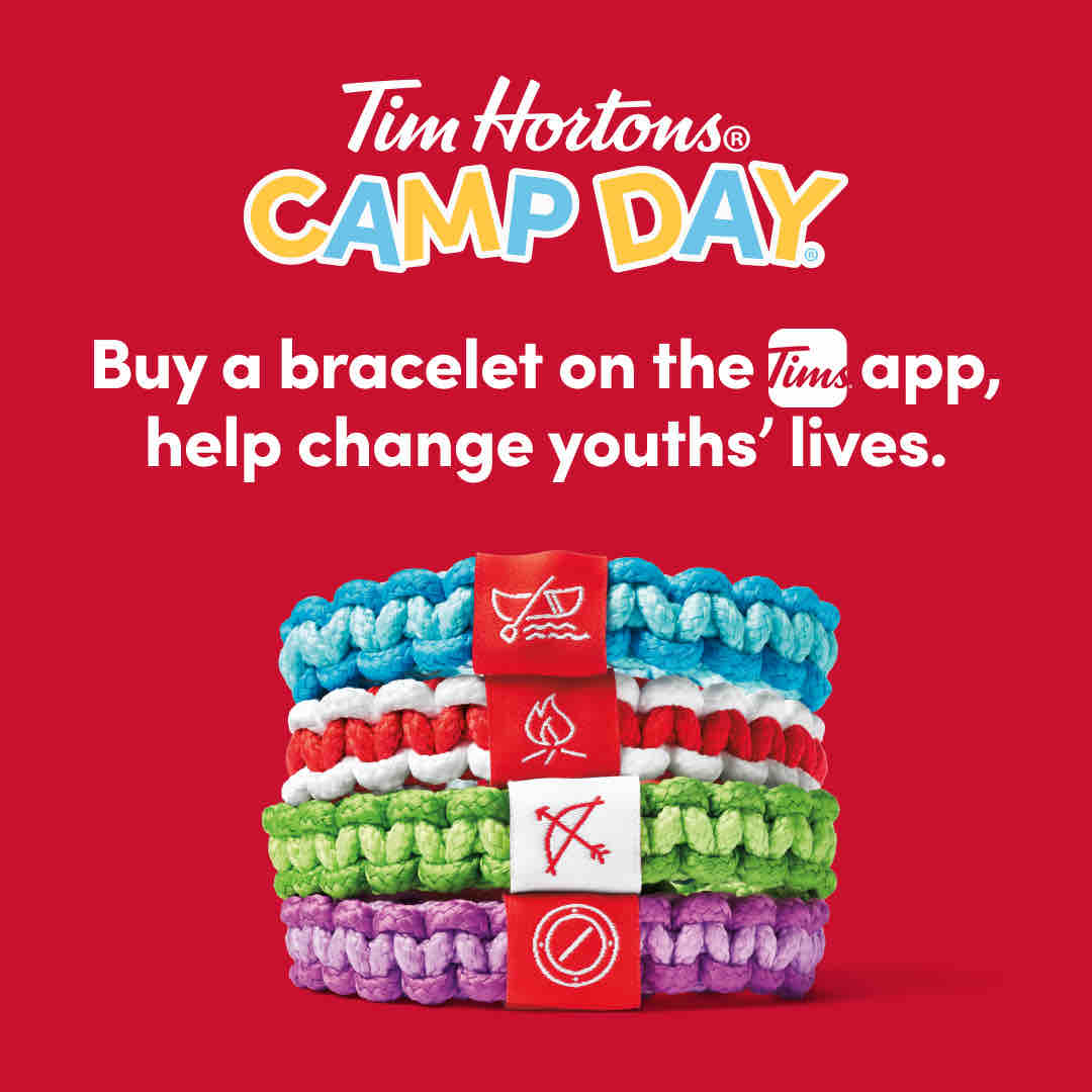 Tim Hortons supports our FUN program;
Today, you can help support by buying Camp Day bracelets at your local Tims restaurant. You can also donate year-round by rounding up your order, tapping your card to donate or donating
 to change boxes in restaurant. #CampDay <a href="/TimHortons/">Tim Hortons</a>