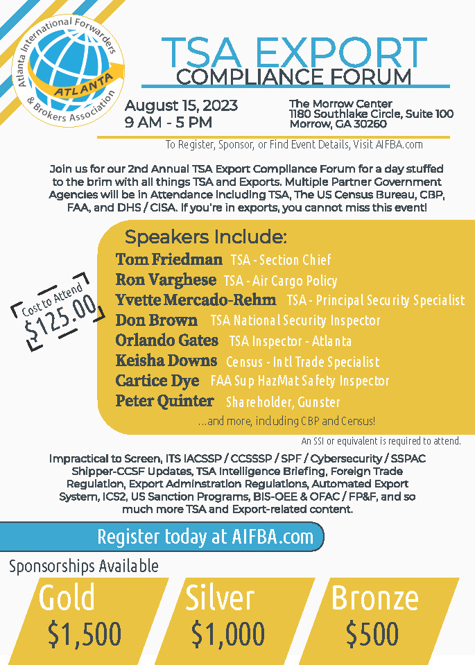 GET READY!!!   The TSA Export Compliance Forum is set for August 15th from 9 am - 5 pm! To register, sponsor, or find event details, visit aifba.com!