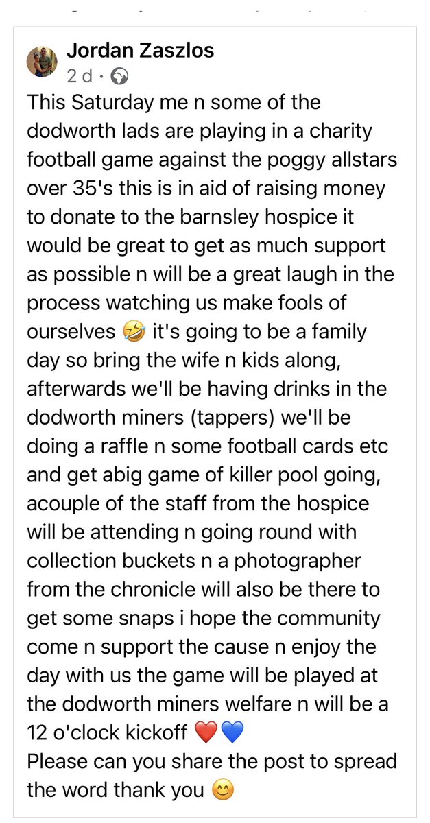 Charity Football match!

At @DMWFC on Saturday 
Raising money for @BarnsleyHospice 

12 KO

@Barnsley_UK @Barnsleyis