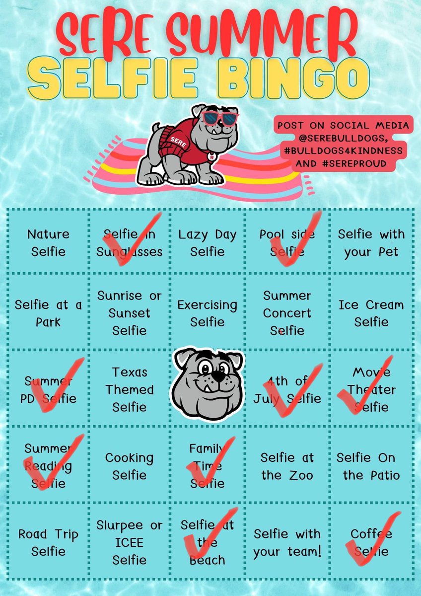 SERELibrary's tweet photo. Happy 4th of July! The sun came out so we could try our new #targetdollarspot sunnies, too! @SEREbulldogs #sereproud #bulldogs4kindness #summerbingo https://t.co/BJhiivIuCs