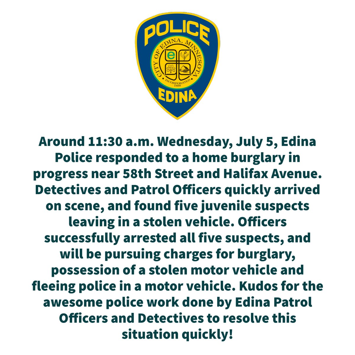 EdinaPoliceFire's tweet image. Five juvenile suspects were arrested today after officers responded to a home burglary in progress near 58th Street and Halifax Avenue. Kudos for the awesome police work done by Edina Patrol Officers and Detectives!
