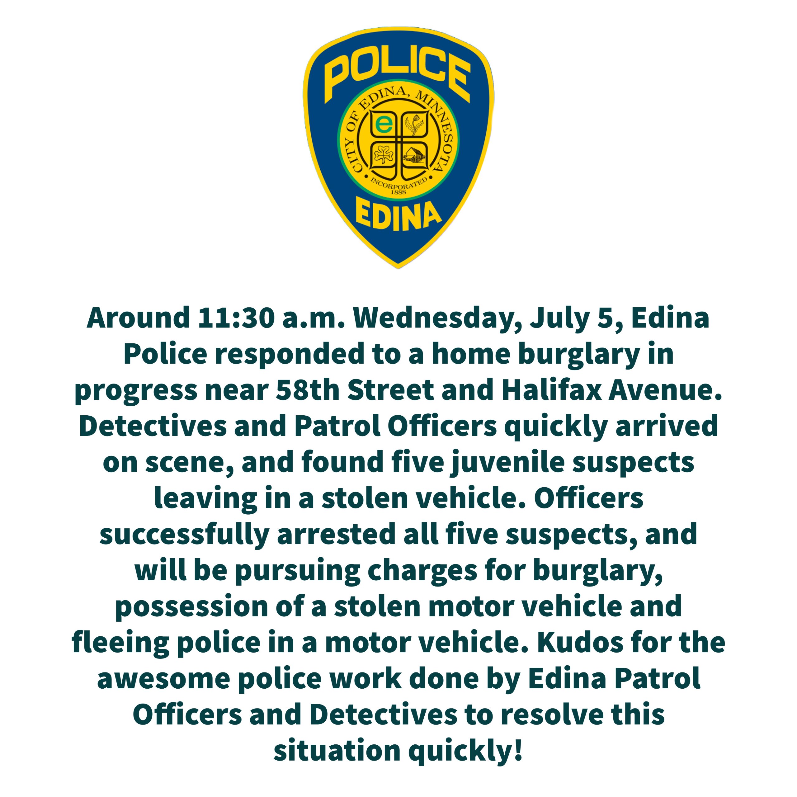 Edina Police Department on Twitter "Five juvenile suspects were
