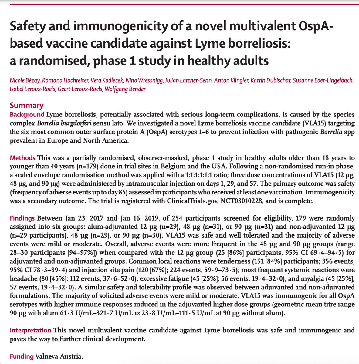 1/ More progress toward a new Lyme vaccine.

The vaccine demonstrated a strong immunologic response &amp; good safety profile in this Phase 1 clinical trial.

Link: tinyurl.com/47s2pv27 by Dr. Bezay