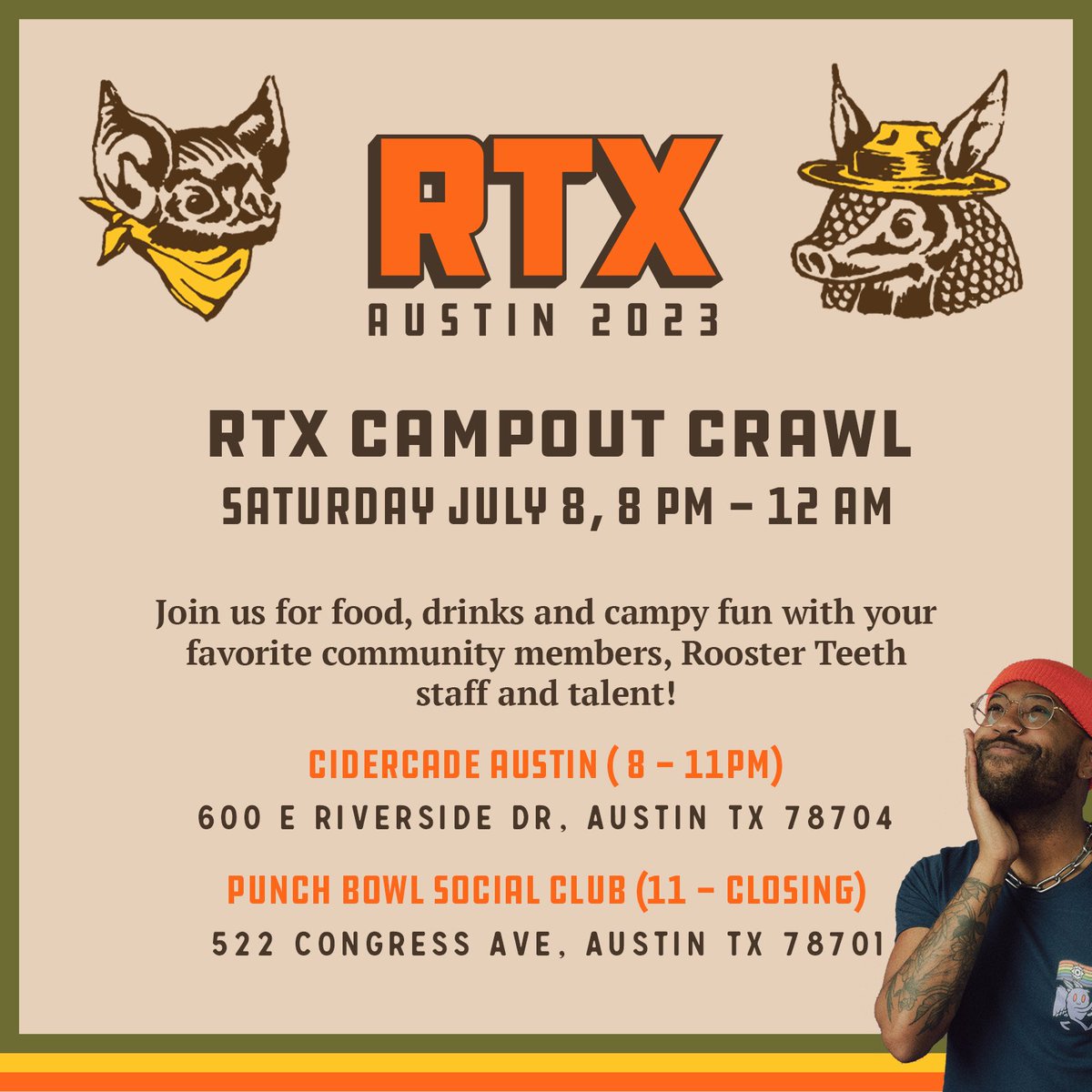 RTCCorner's tweet photo. Did you think we WOULDN’T do a bigger badder, and bolder party than last years @RTXEvent? Join us from 8pm-2am (not 12am) July 8th as we quest to two separate locations! Hosted by all the @RoosterTeeth weebs: @EleekaZ @BlackKrystel @blizzb3ar! https://t.co/rmKDfnGU75