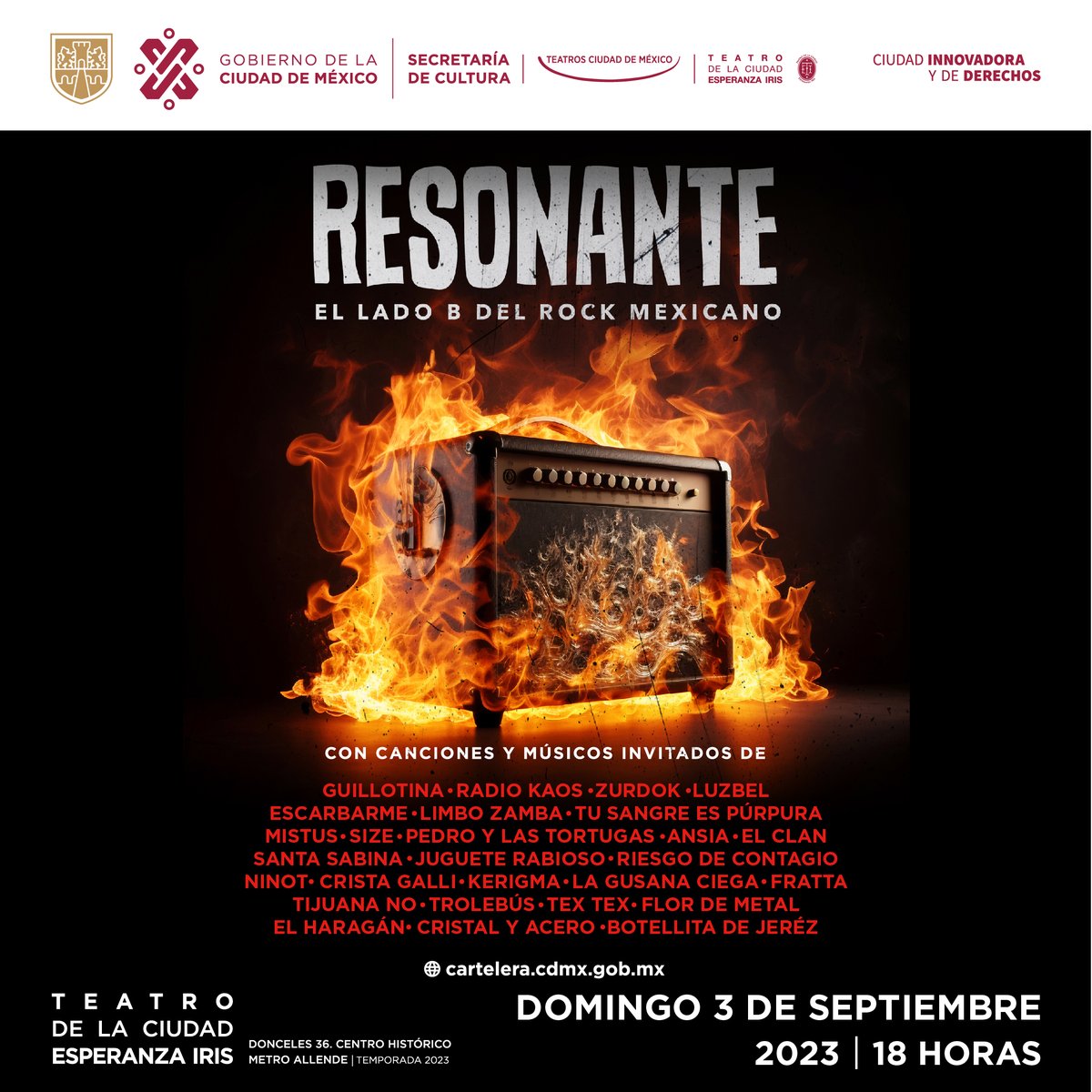 TeatrosCDMX's tweet photo. ¡Llegó el momento de vivir #ElLadoBDelRockMexicano 🎶 en #Resonante!

Grandes músicos invitados y mucho rock de los 80's y 90's te esperan el próximo 3 de septiembre en el #TeatroDeLaCiudad. Boletos en taquilla y Ticketmaster 👉 https://t.co/O0Ylm7LG3U

#SomosMúsica https://t.co/qjLiIEyCiw