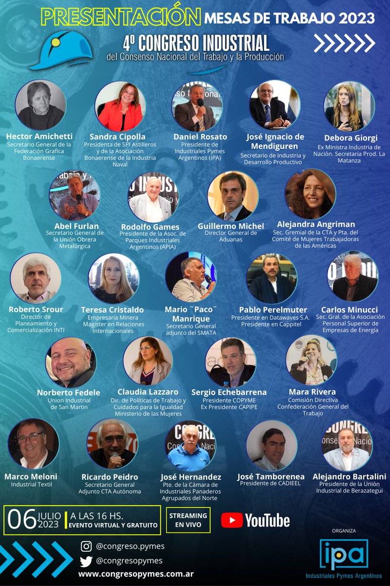 No te pierdas de la Presentación de las Mesas de Trabajo de esta 4ta Edición... ⚙️  

🗓️ 06 de julio a las 16 hs.  

📷youtube.com/live/_tBwN-XGT…

#mesadedialogo #pymes #pymes #sindicatos #trabajadores #empleogenuino #Industria