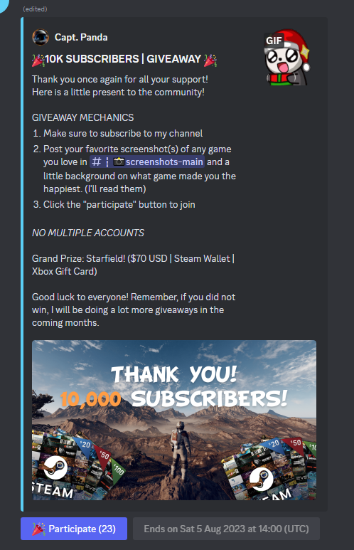 CaptPandaCh's tweet photo. 🎉Special Announcement🎉 (GIVEAWAY)

 I just reached 10,000 subscribers and want to return the favor to my channel viewers. 

Grand Prize: Starfield (PC/Xbox)

To join here: https://t.co/2SuWYIQilm

#Starfield #Bethesda #Giveaway #Xbox #XboxGamePass https://t.co/miCAsSfe4F