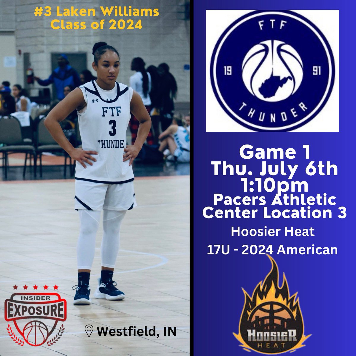 Catch me and my team in Indiana at the <a href="/InsiderExposure/">InsiderExposure</a> Hoosier Heat Tournament!!! First game Thursday <a href="/1/">1</a>:10pm court 3!! <a href="/yolonda_steele/">Yolonda Steele</a> <a href="/FTFThunder/">FTF Thunder</a>