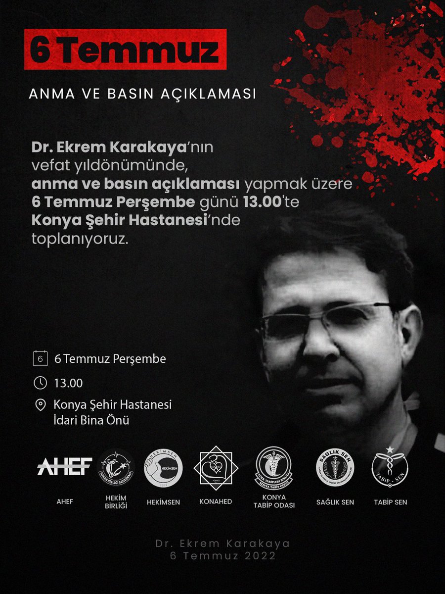 hekimsen's tweet photo. Meslektaşımız Uzm. Dr. Ekrem Karakaya' nın katledilmesinin üzerinden tam 1 yıl geçti. Henüz sağlıkta şiddetin önlenmesi için somut hiç bir adım atılmadı. Meslektaşımızı anmak, sağlıkta şiddetin karşında durmak için 6 Temmuz Perşembe günü katledildiği hastanede olacağız. Hastaneler hekimlere mezar olmasın diyen herkesi bekliyoruz.

#EkremKarakaya
#SağlıktaŞiddeteHayır