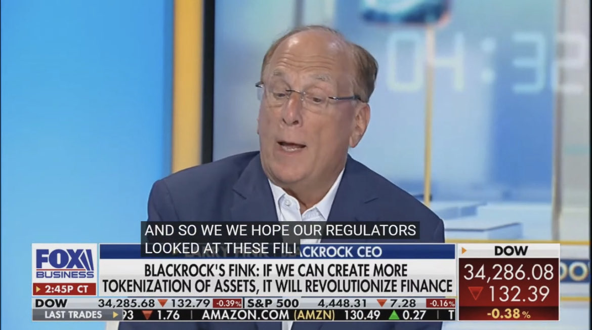 Larry Fink today said he hopes SEC “looks at their ETF filing as a way to democratize crypto and make it cheaper.” Also says bitcoin is international asset, new gold. Seems all-in, wants to work w regulators to get approval. altho unsure of timetable. Via Fox Business