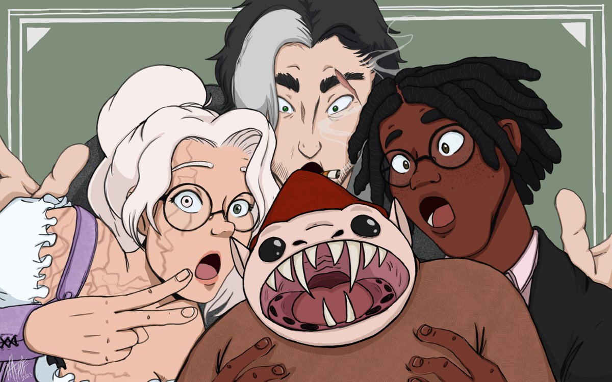 Anonymous_Fame's tweet image. @nogoodeusername commissioned me to do a picture of her MotW group! these guys were so fun to learn about and draw! i really enjoyed them. thank you, Sam!

if you're interested in a commission, you can totally hit me up at my ko-fi in my pinned, and check my "Commissions" tab. &amp;lt;3