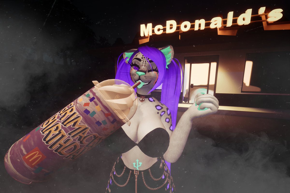 TheOtakuLab's tweet photo. ThistlePixy tried the #GrimaceShake 10/10 would sip again..
•
•
•
#GrimacesBirthday #McDonalds #SnowLeopard #Furry #Purple #BerryShake #VrChat #Kitty #ENVtuber #Vtuber #Twitch #Kick #Horror https://t.co/uMi4Rz9PCx