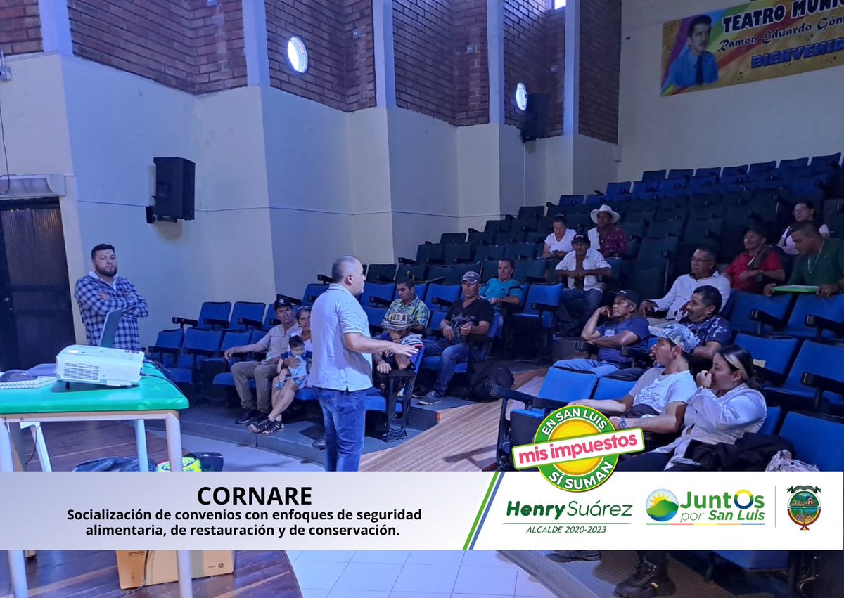 Henryesuarez's tweet photo. El teatro municipal Ramón Eduardo Gómez Urrea, fue escenario de encuentro para la socialización de los convenios con #cornare con enfoque de seguridad alimentaria, de restauración y de conservación. https://t.co/z3IUi2r1HH