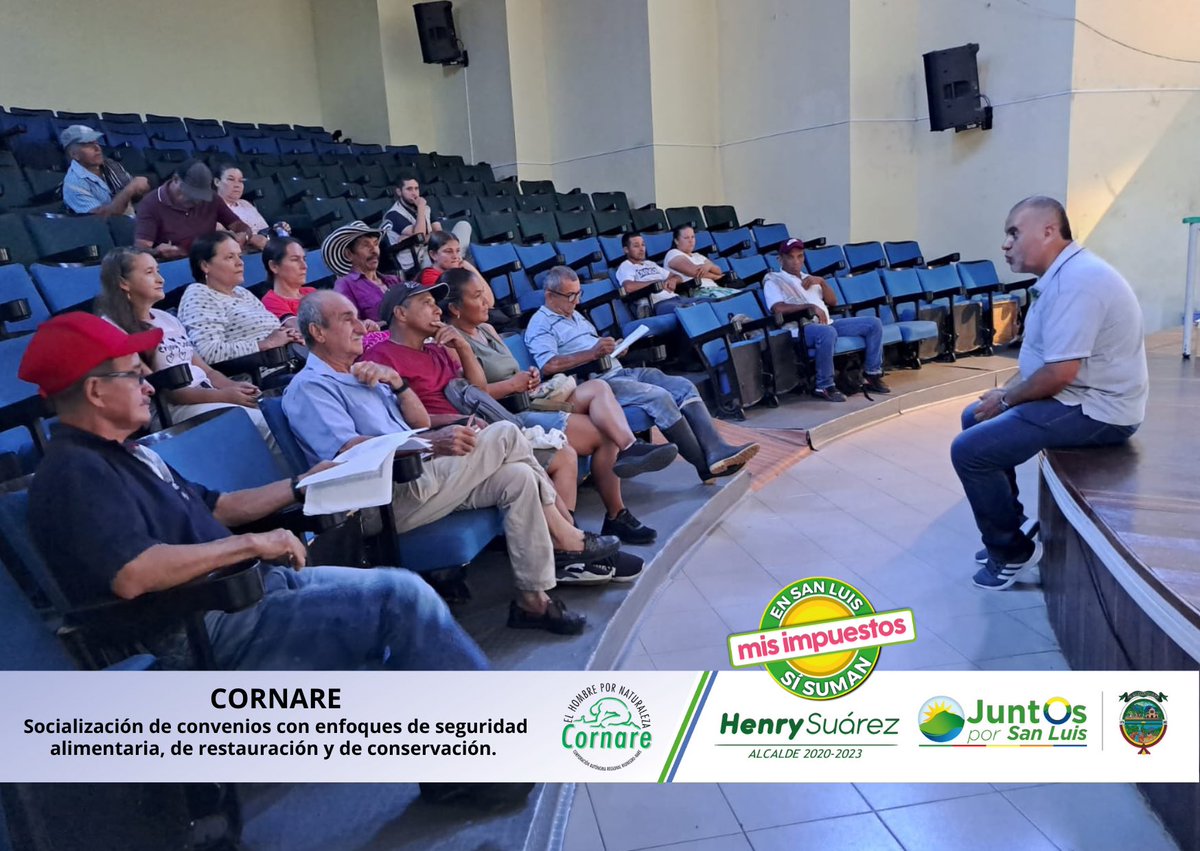 Henryesuarez's tweet photo. El teatro municipal Ramón Eduardo Gómez Urrea, fue escenario de encuentro para la socialización de los convenios con #cornare con enfoque de seguridad alimentaria, de restauración y de conservación. https://t.co/z3IUi2r1HH