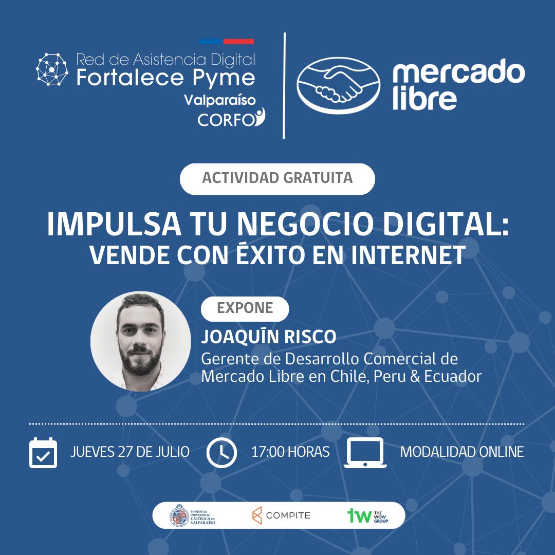 ¡Impulsa tu negocio digital junto a <a href="/Mercadolibre/">Mercado Libre</a>! 🚀💻
Te invitamos a participar en una actividad gratuita, en la que aprenderás a vender con éxito en internet 🙌

🗓 Jueves 27/7 - 17 hrs
📍 Online, previa inscripción: bit.ly/TallerFPyme-Me…