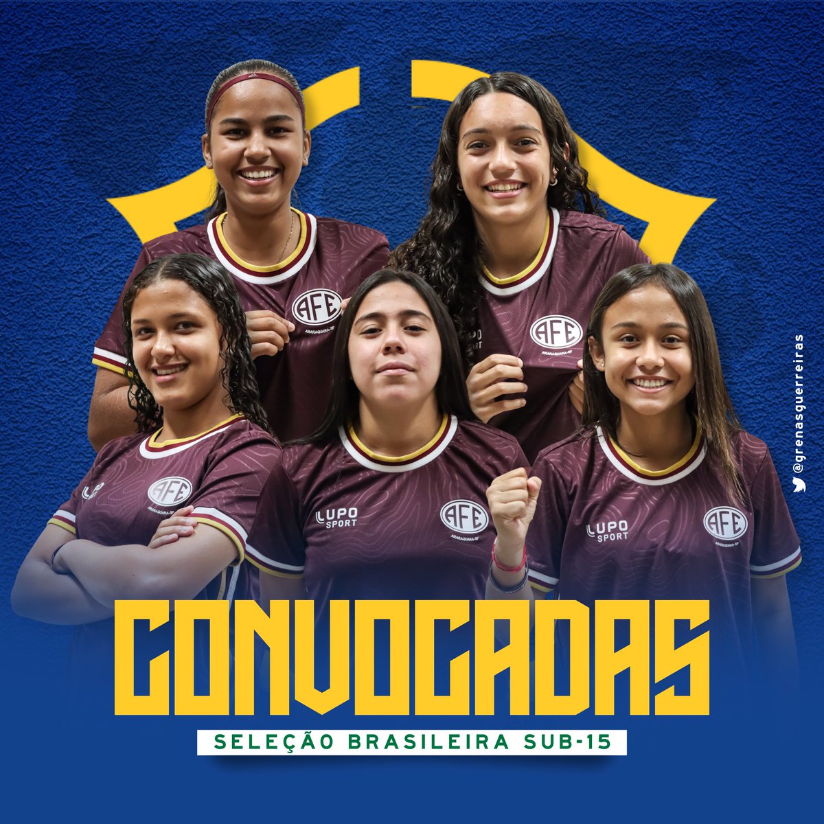guerreirasgrena's tweet photo. 🚂🔰
GRENÁS NA SELEÇÃO SUB-15!

Cinco Guerreirinhas fazem parte da histórica primeira convocação da Seleção Brasileira feminina sub-15. São elas a defensora Andreyna, as meio-campistas Eloá e Bia, e as atacantes Sofia e Lara. https://t.co/H77kSivd90