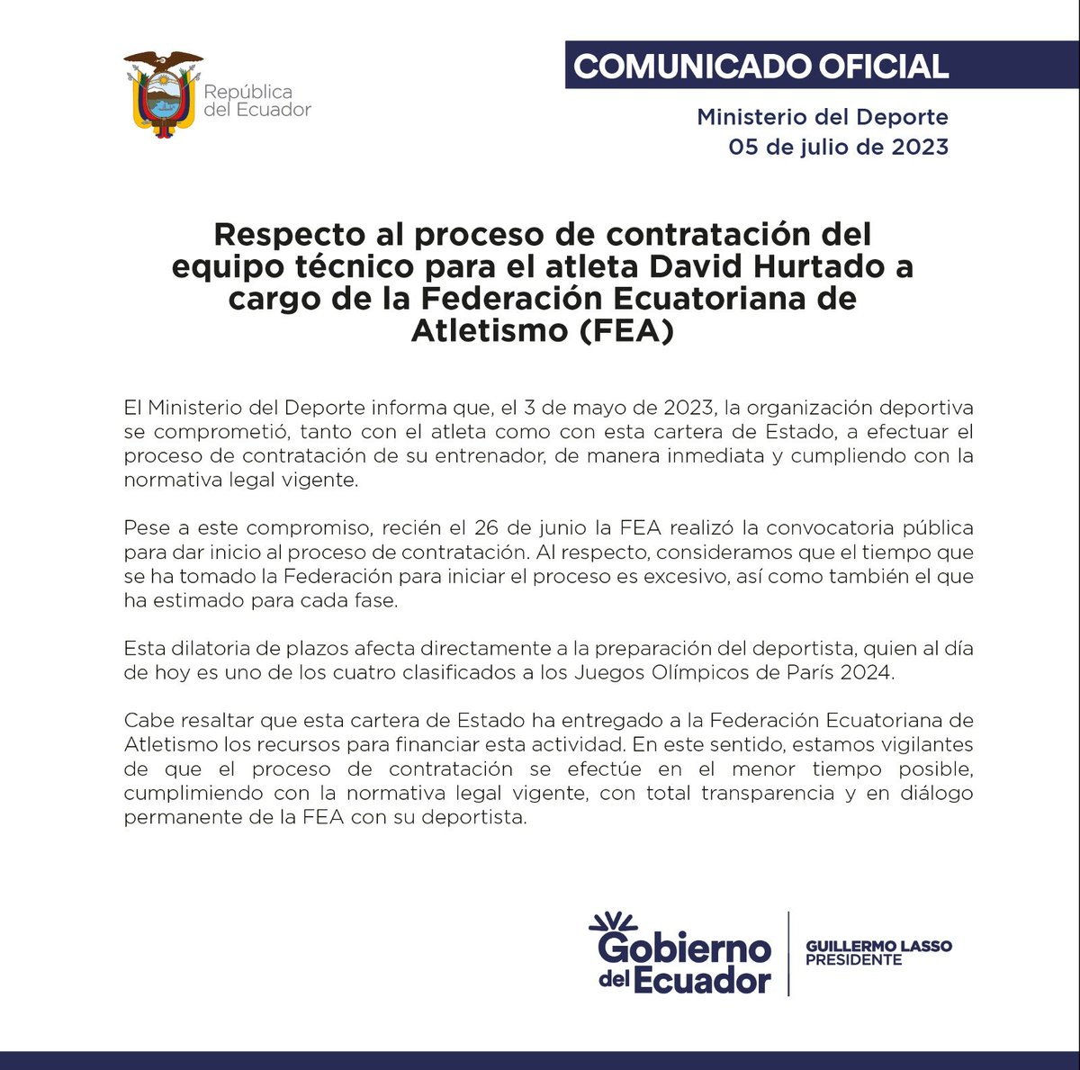 DeporteEc's tweet photo. [COMUNICADO OFICIAL]

Nos mantenemos vigilantes en este proceso siempre velando por el bienestar de nuestra razón de ser, nuestros deportistas.

#NuestroTrabajoContinúa 🇪🇨
#CreemosEnTi https://t.co/WwrInDuYNH