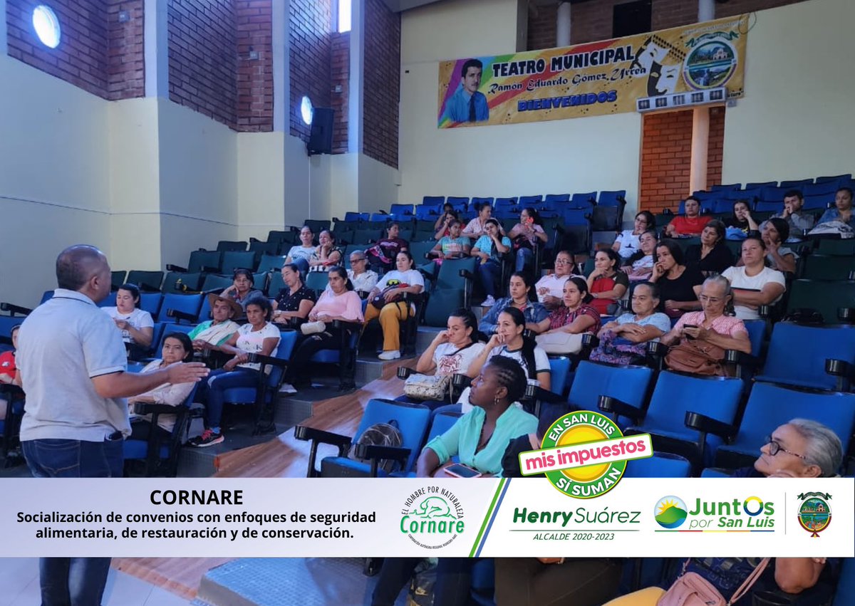 SanLuisANT's tweet photo. El teatro municipal Ramón Eduardo Gómez Urrea, fue escenario de encuentro para la socialización de los convenios con #cornare con enfoque de seguridad alimentaria, de restauración y de conservación.
#alcaldiamunicipal #juntosporsanluis @Henryesuarez https://t.co/JrfC2NfAra
