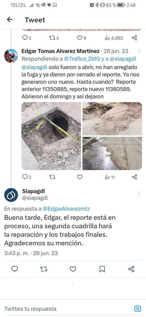 EdgarAlvarezmtz's tweet photo. @Trafico_ZMG  @siapagdl  urge atender este reporte 11350885, 11356947, 11360589. Después de dos meses @siapagdl fue a abrir. Pero ahora tenemos desde el 25 de junio con este gran boquete y la fuga continúa. Dieron por cerrado el reporte. Sin embargo seguimos con fuga, y sin agua. https://t.co/LeGvFozT57