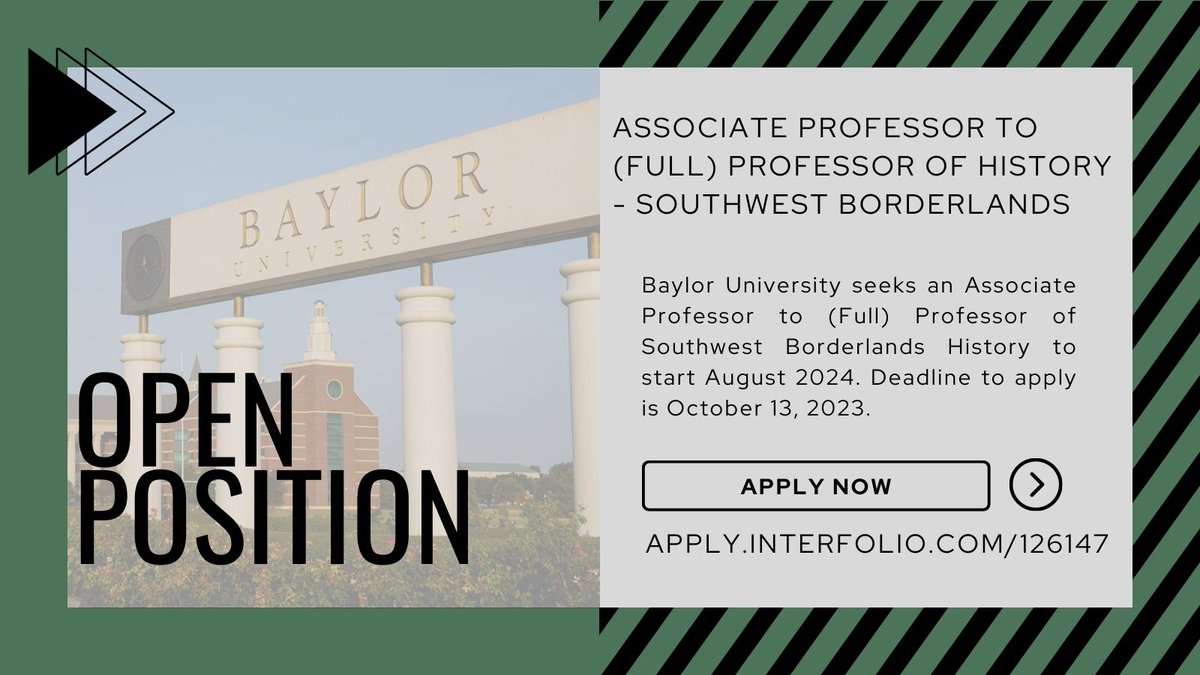 BUHistory's tweet photo. Next up, our Southwest Borderlands Historian position! This is one of our two open positions. You can find all the details at https://t.co/6xPsHVIbv9.
#Baylor #BaylorHistory #hiring https://t.co/Hmp5vSRRSn