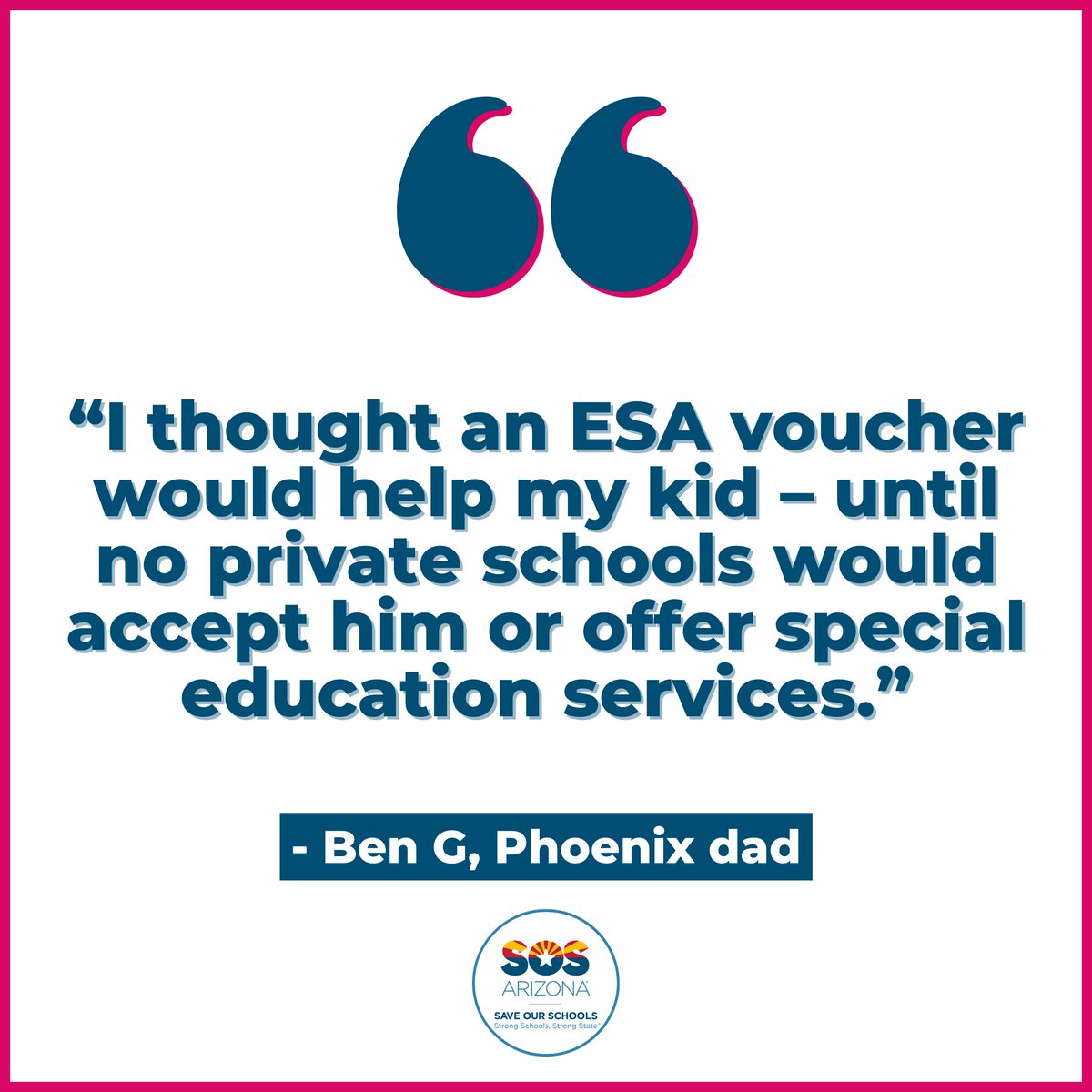 arizona_sos's tweet photo. 🗣️ Phoenix parent Ben thought an ESA voucher would help his son, but he couldn’t find a private school willing to accept him and meet his special needs.

#ParentalRights
#VouchersHurt https://t.co/tRxrVDwidS