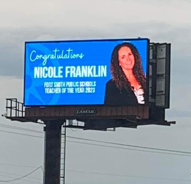 dawnmchildress's tweet photo. We received news today that our #OrrTeam member, Mrs. Nicole Franklin, was selected as a Regional Finalist for Arkansas Teacher of the Year! I am so proud of her and excited for her! I am also thankful that @FSSchools gave her this billboard recognition! #BelieveBelongBecome https://t.co/7PHOGnjxuB