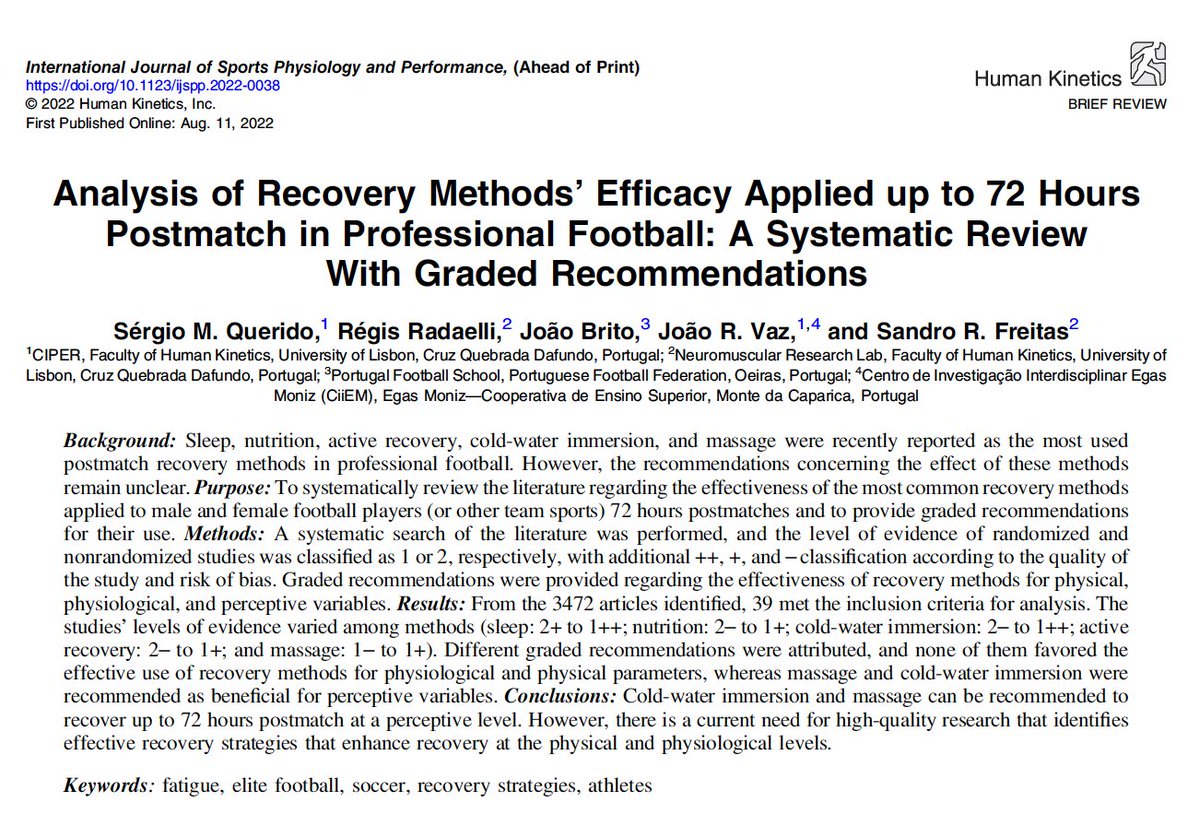 Tatopek1's tweet photo. ⚽️ "Cold-water immersion and massage can be recommended to recover up to 72 hs post-match at a perceptive level"
👉 A systematic review from @smquerido @RadaelliRegis et al, 2022
📂 Open Access: https://t.co/gOtY5eDrnk https://t.co/4HOkxCVUAc