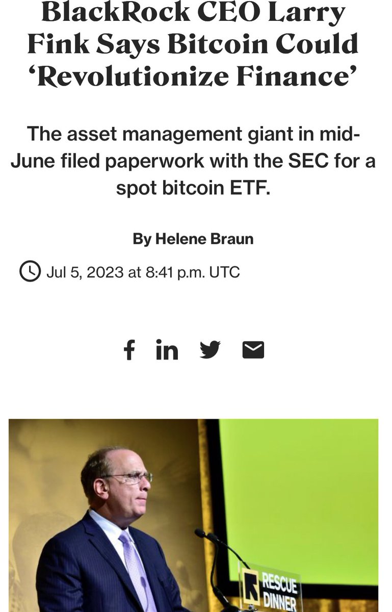 Larry Fink, BlackRock CEO: 2017: Bitcoin is an index of money laundering.  2023: Bitcoin could revolutionize finance. Files for a Bitcoin ETF. I am  old enough to remember…