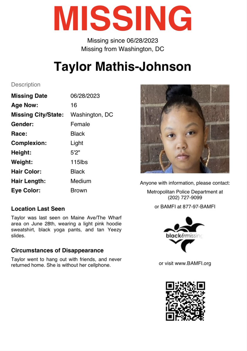 BAM_FI's tweet photo. Washington, DC: 16 y/o Taylor Mathis-Johnson was last seen on June 28th on Maine Ave/Wharf area. She is without her cellphone. #HelpUsFindUs #TaylorMathisJohnson https://t.co/nhJ5wwS0Kl